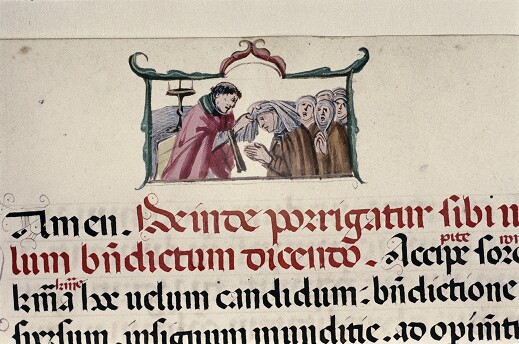 Bodl. lib. ms. canon liturg. 347. Copyright the Bodleian Library, Oxford.  A priest veils a woman joining a nunnery of Franciscan Tertiaries, Florence (s.xv).